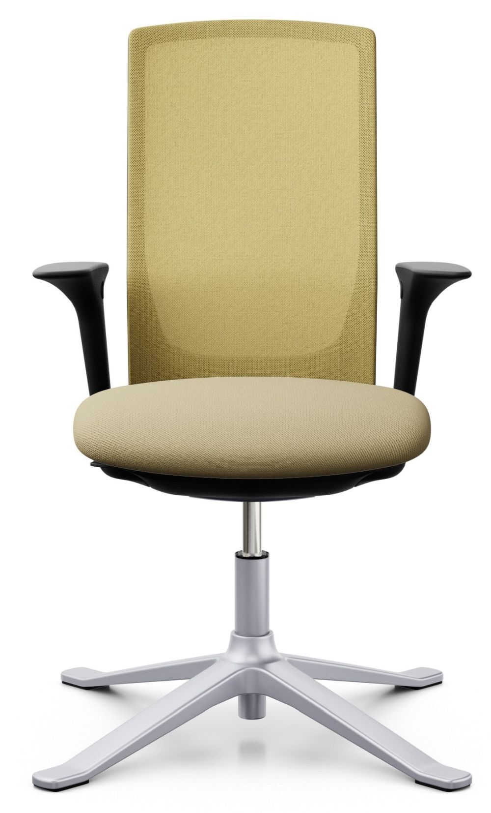 Ergonomischer Bürostuhl mit beigem Stoffbezug, schwarzen Armlehnen und stabilem Metallfuß für dynamisches Sitzen.