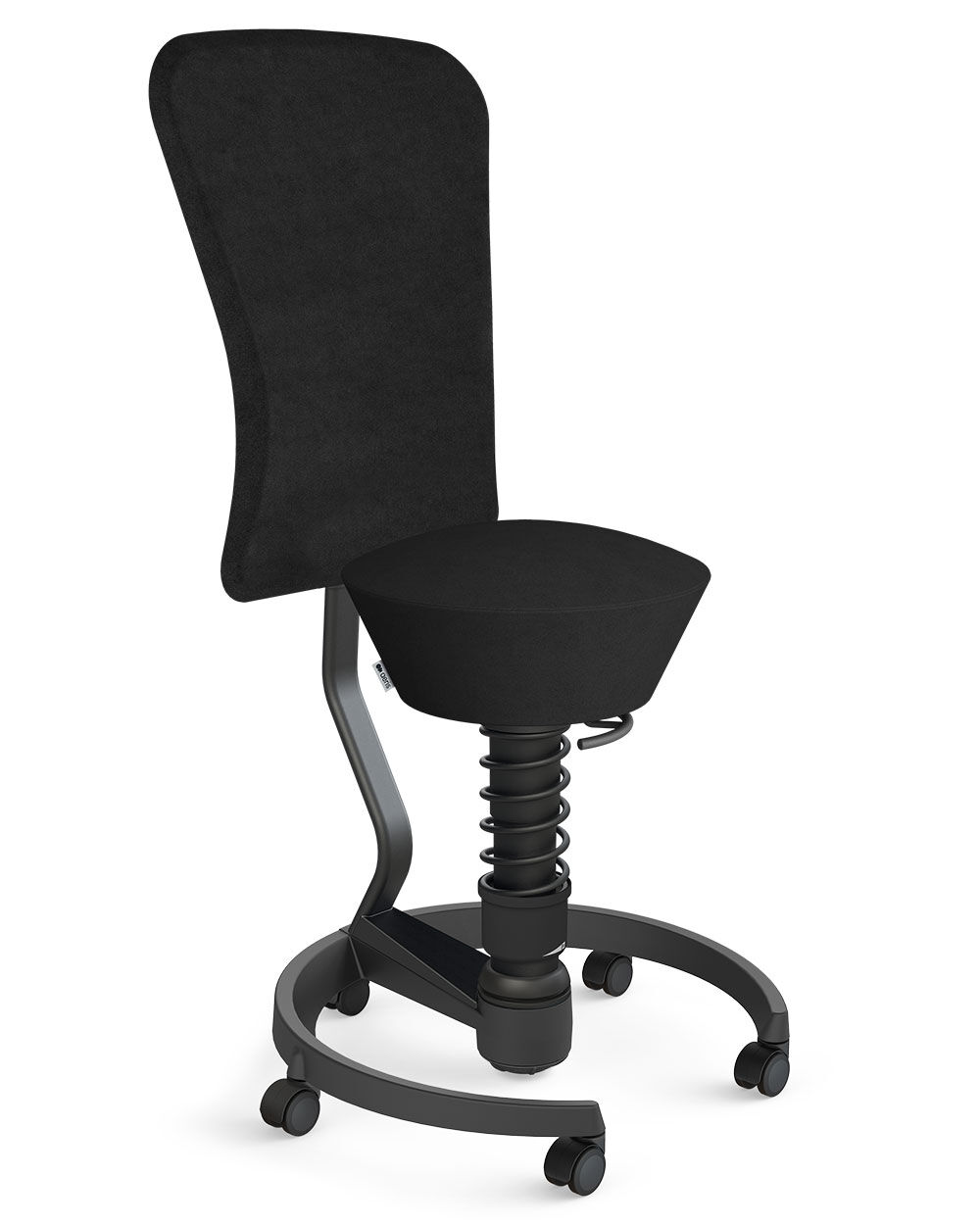 Ergonomischer Bürostuhl mit Federung, schwarzem Bezug und Rollen, fördert dynamisches Sitzen im Büro.