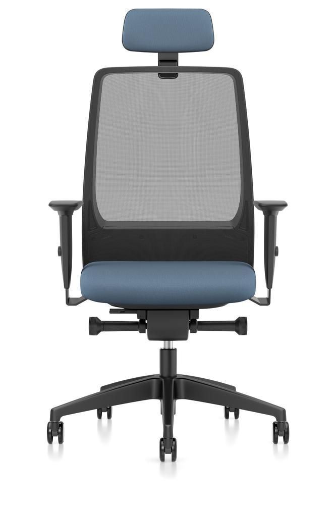 Moderner ergonomischer Bürostuhl mit Netzrückenlehne, blauer Polstersitzfläche und verstellbarer Kopfstütze.