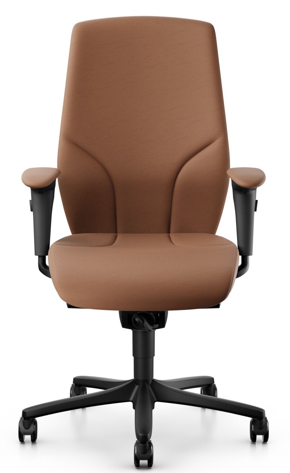 Ergonomischer Bürostuhl in Braun mit verstellbaren Armlehnen, fünf Rollen und gepolsterter Sitzfläche.