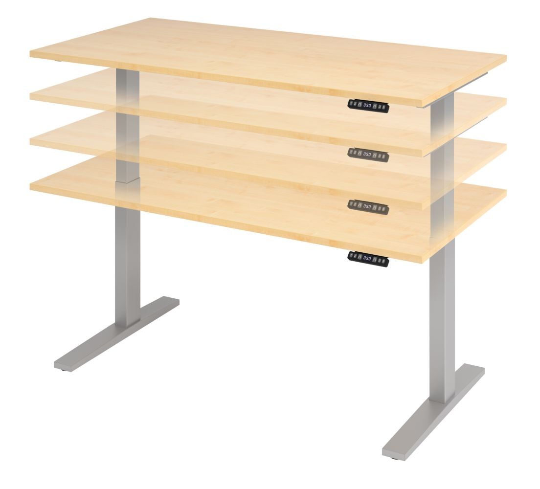 Höhenverstellbarer Schreibtisch mit Holzplatte und digitalem Bedienfeld, ideal für ergonomisches Arbeiten im Büro.