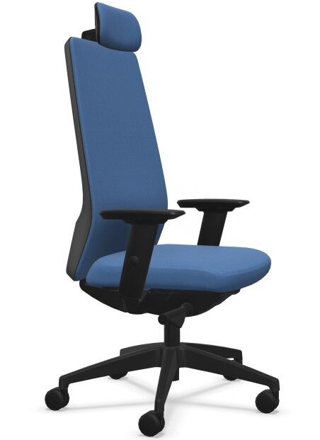 Ergonomischer blauer Bürostuhl mit verstellbaren Armlehnen und Kopfstütze für dynamisches Sitzen.
