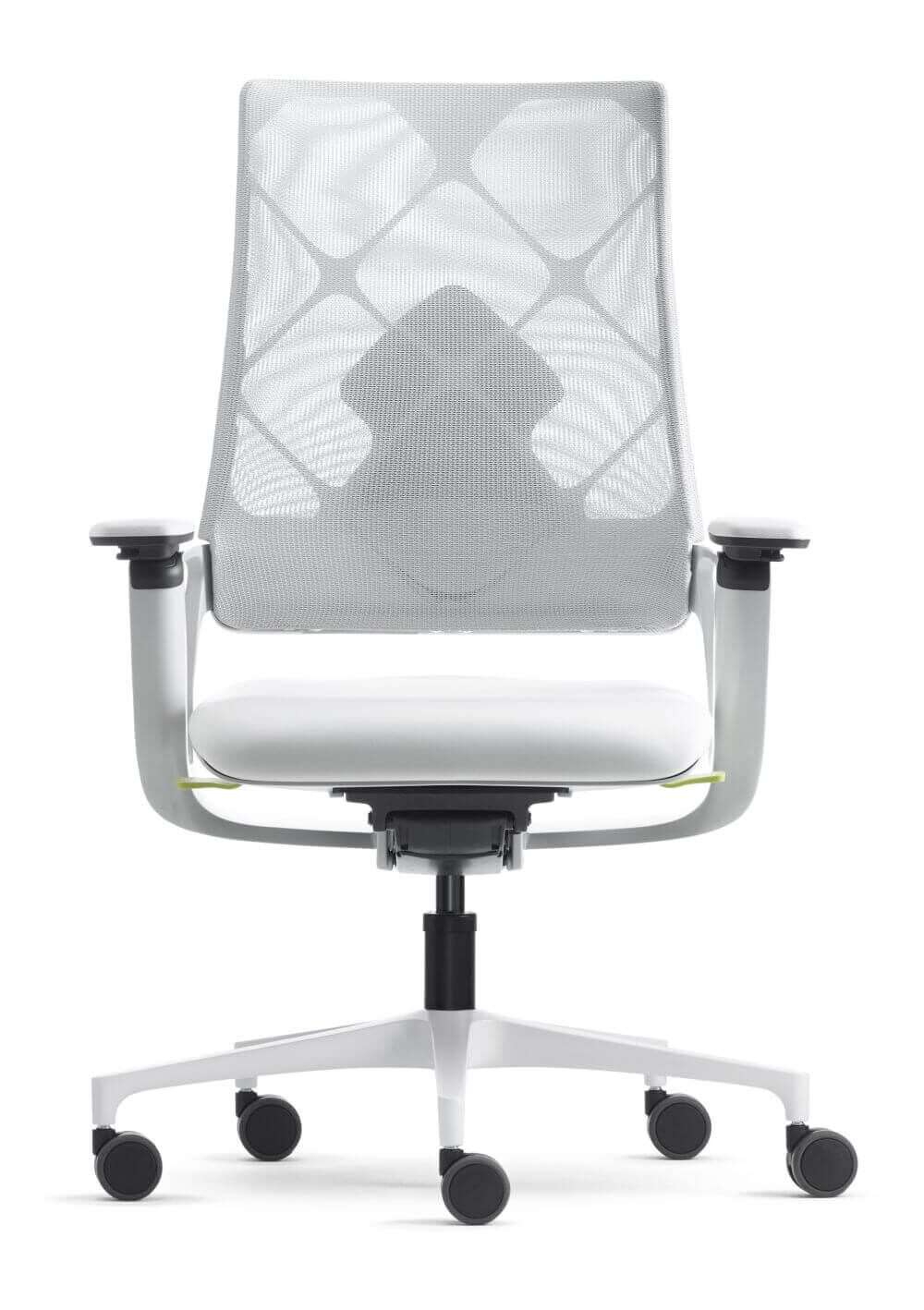 Moderner ergonomischer Bürostuhl mit Netzrückenlehne und verstellbaren Armlehnen für komfortables, dynamisches Sitzen.