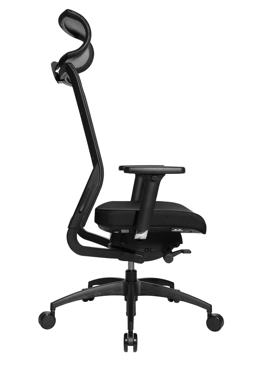 Ergonomischer Bürostuhl mit Netzrückenlehne und Kopfstütze, schwarzes Design für gesundes Sitzen.