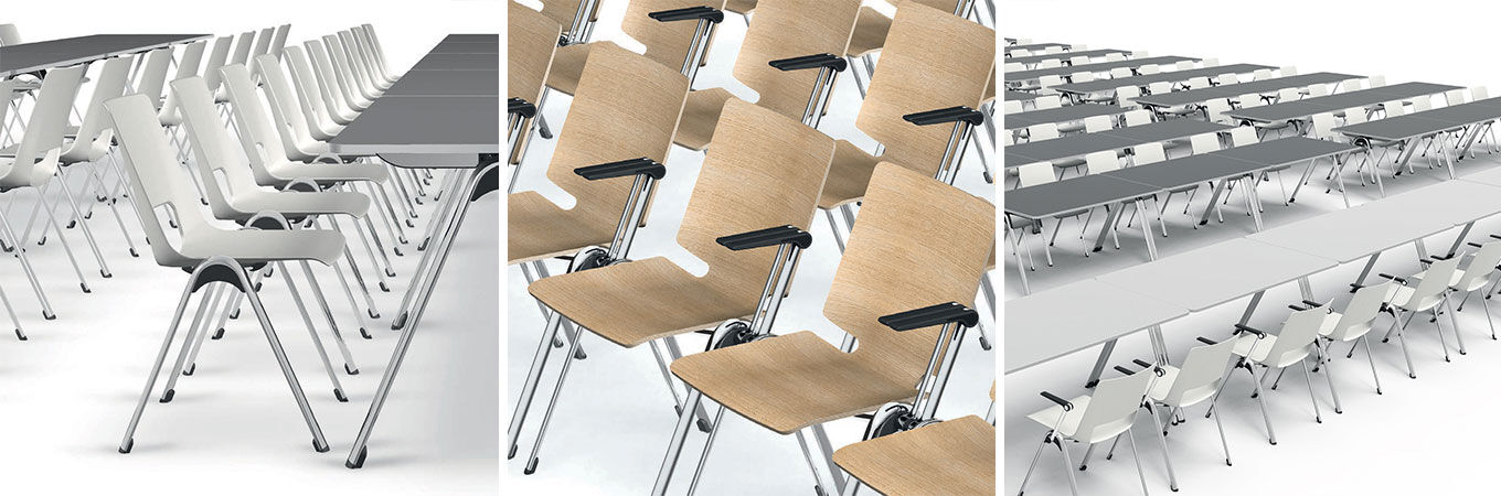 Weiße ergonomische Bürostühle in ordentlicher Anordnung um moderne Konferenztische, geeignet für dynamisches Sitzen.