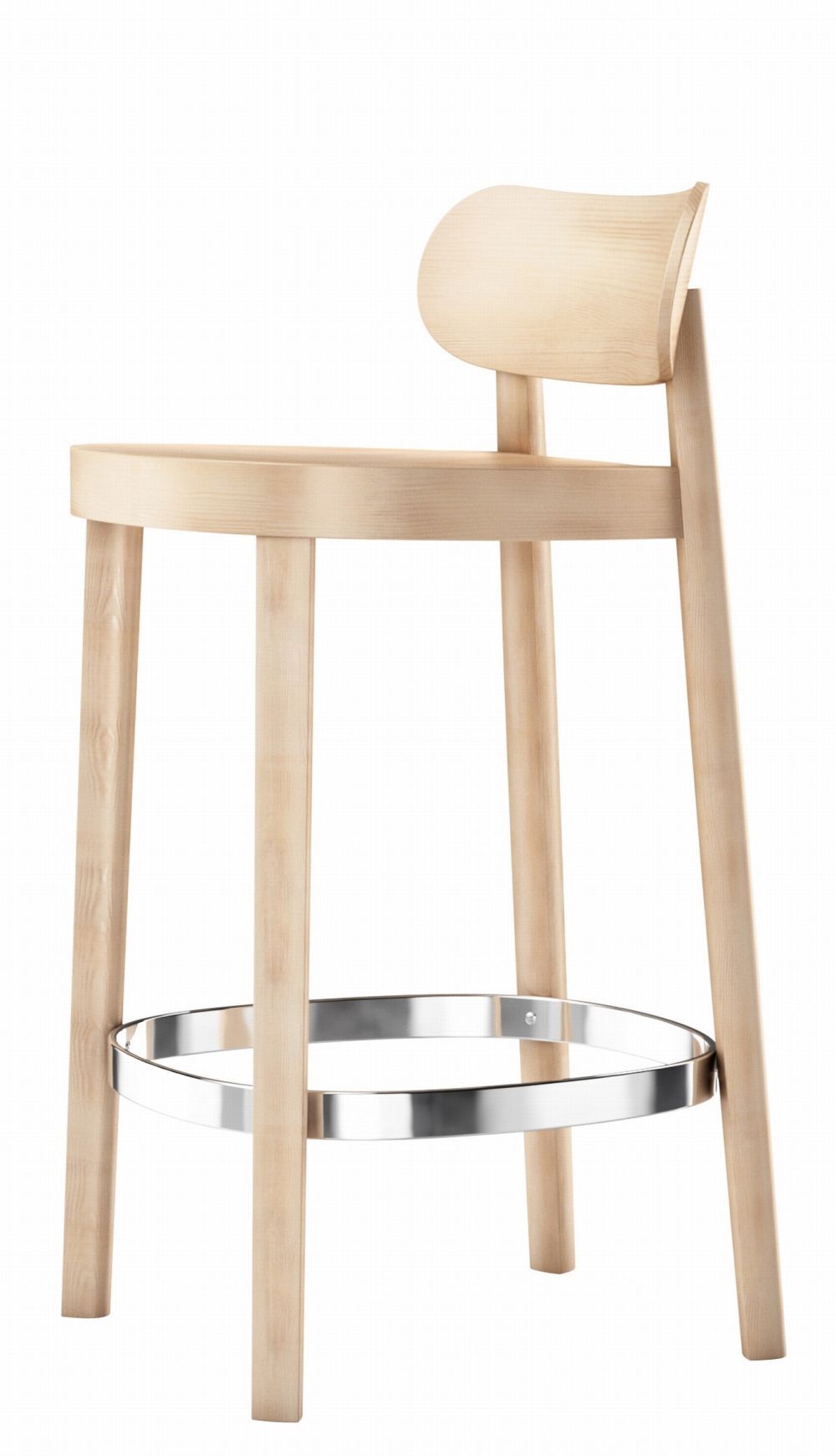 Moderner Barhocker aus hellem Holz mit runder Rückenlehne und Fußstütze aus Metall.