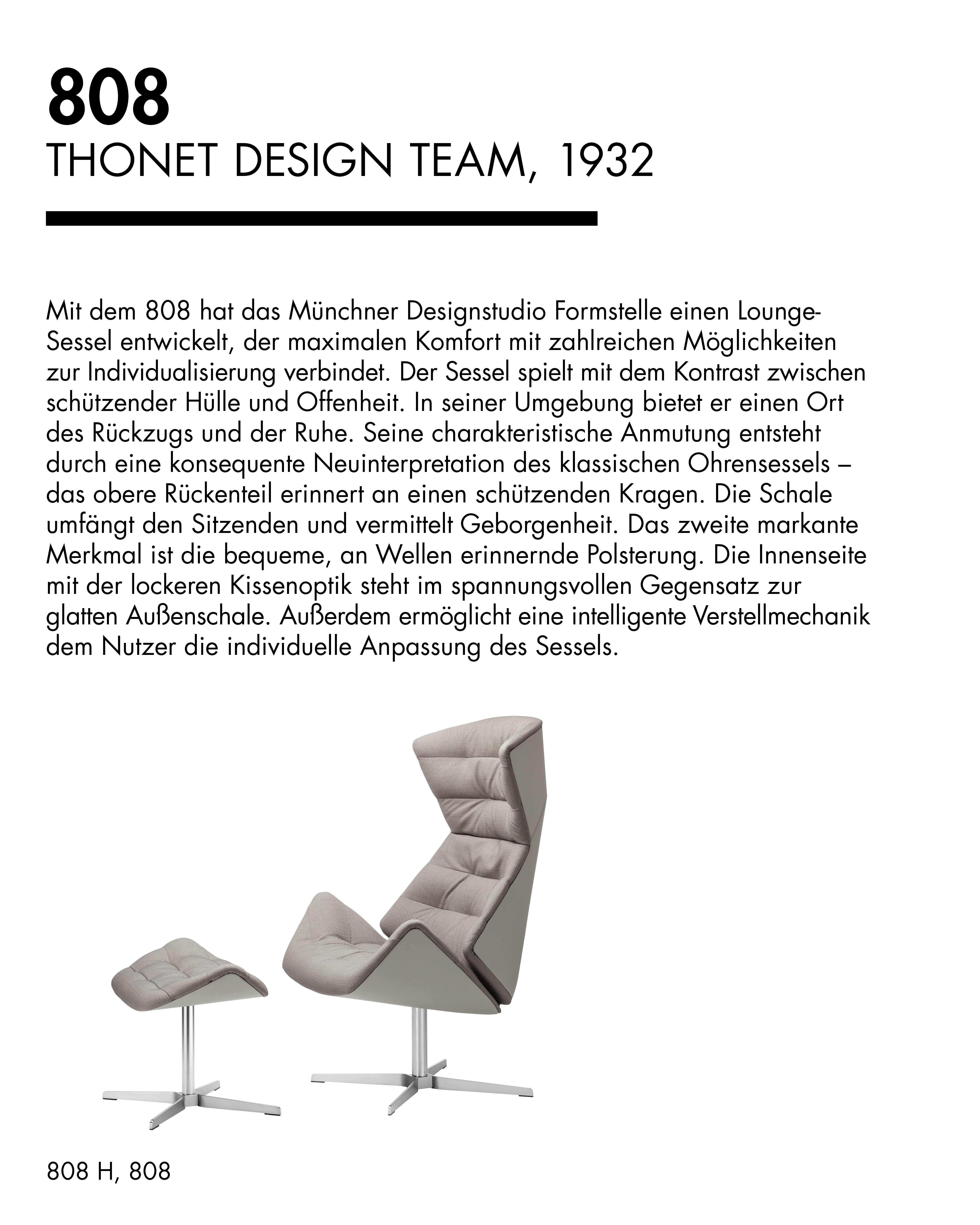 Thonet 808 Lounge-Sessel mit Fußhocker, graues Design, ergonomische Form, entwickelt vom Münchner Designstudio Formstelle.