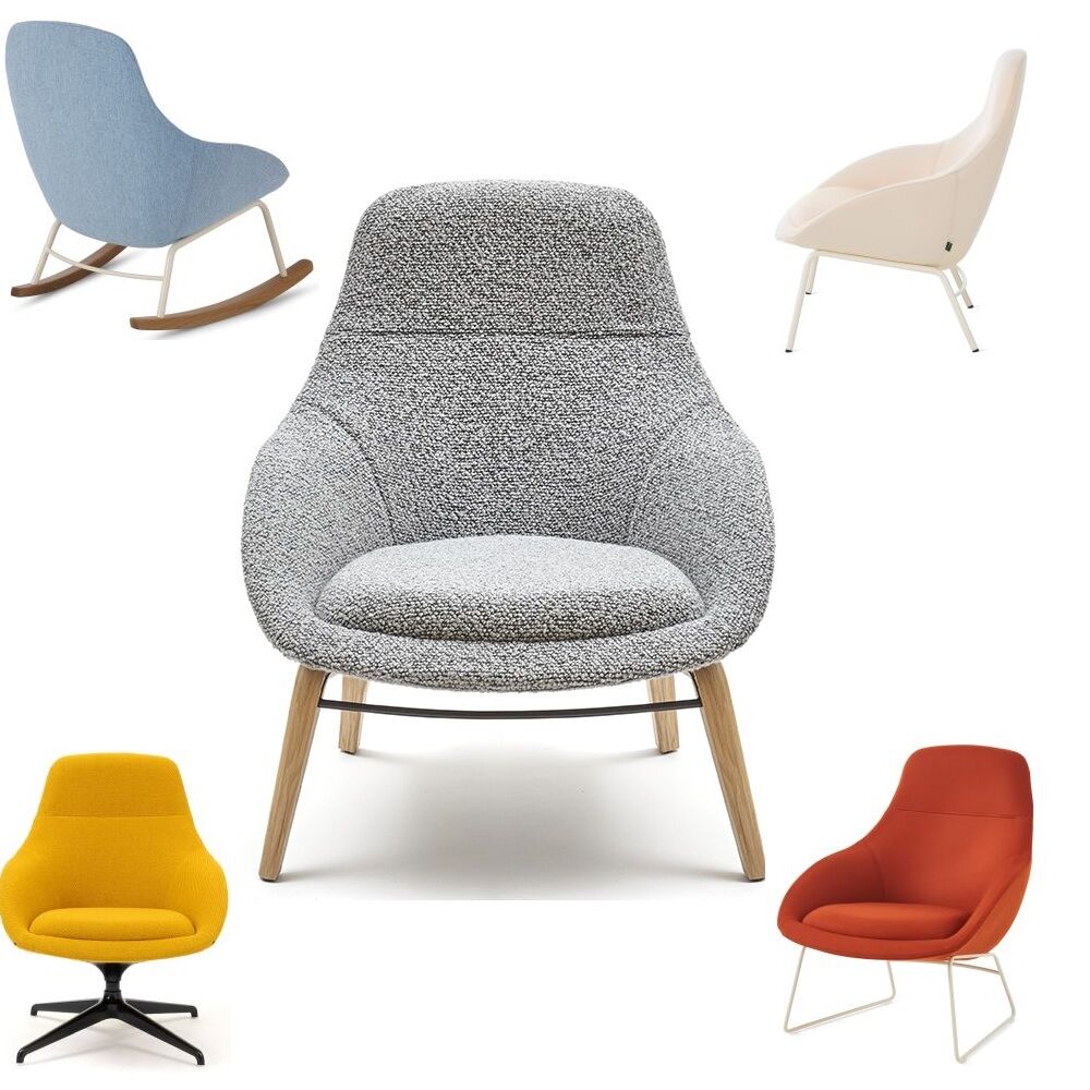 Fünf ergonomische Designstühle in verschiedenen Farben, zentral ein grauer Stuhl, umgeben von vier bunten Modellen.