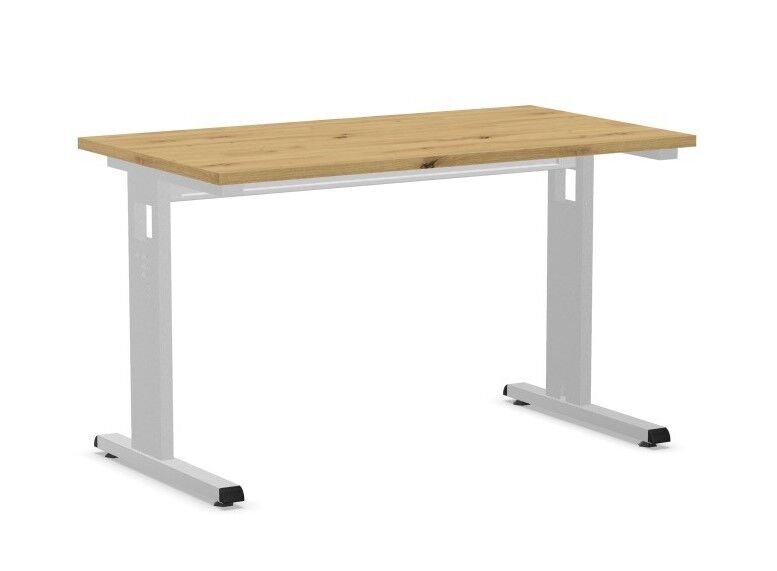 Moderner Schreibtisch mit Holzplatte und weißen Metallbeinen, ideal für ergonomische Arbeitsumgebungen.