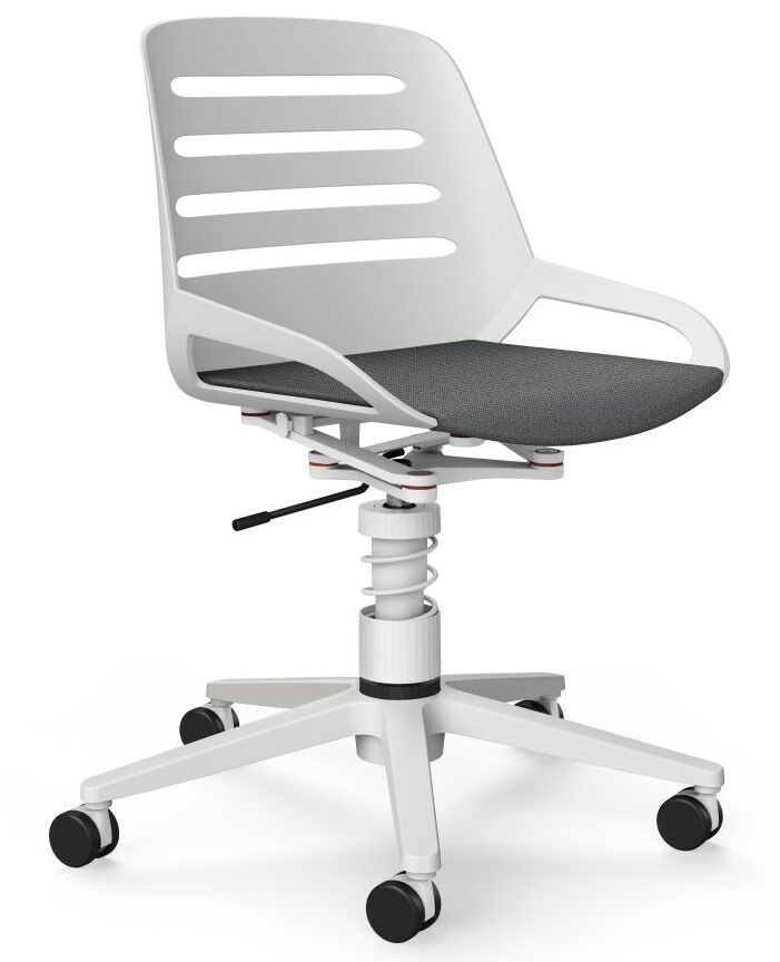 Moderner ergonomischer Bürostuhl in Weiß mit gefederter Sitzmechanik und verstellbarer Sitzfläche auf Rollen.