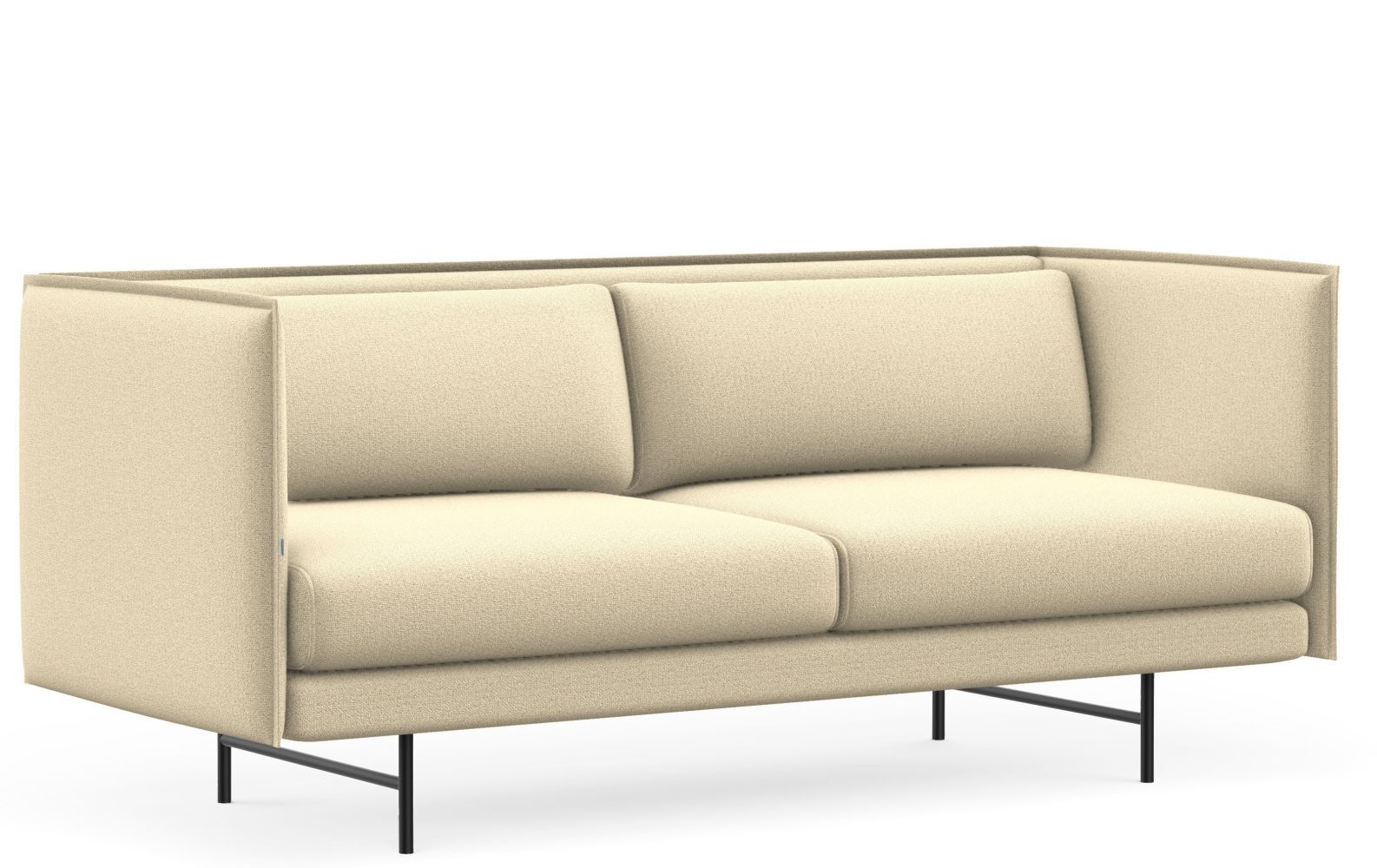 Beige modernes Sofa mit klaren Linien und dünnen schwarzen Metallbeinen, ideal für stilvolle Büros oder Wohnzimmer.