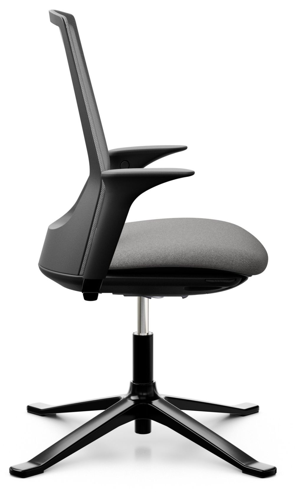 Moderner ergonomischer Bürostuhl mit schwarzem Gestell und grauem Sitz, ideal für dynamisches Sitzen.