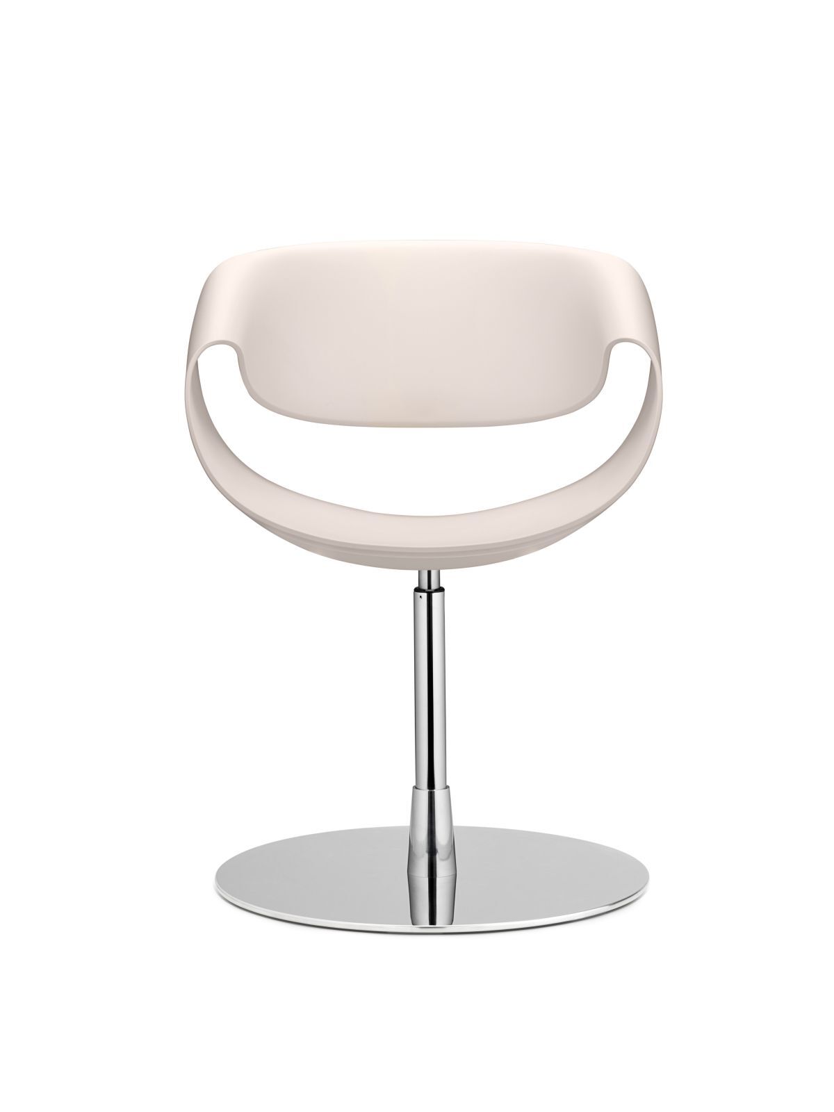 Moderner, ergonomischer Stuhl mit rundem, hellem Sitz und glänzendem Metallfuß.