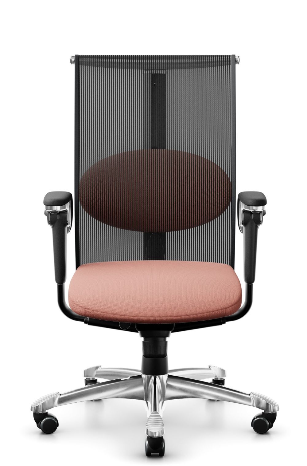 Ergonomischer Bürostuhl mit rotem Sitzkissen, Netzrückenlehne und verstellbaren Armlehnen auf einem Metallfuß.