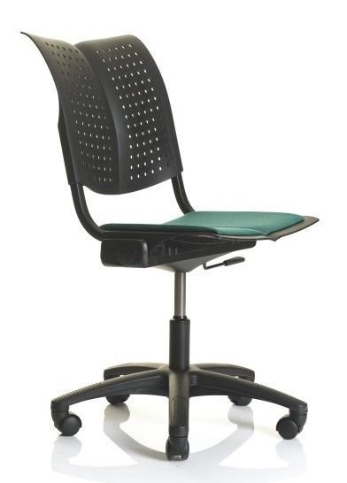 Ergonomischer Bürostuhl mit Netzrückenlehne und grüner Sitzfläche, ideal für dynamisches Sitzen im Büro.