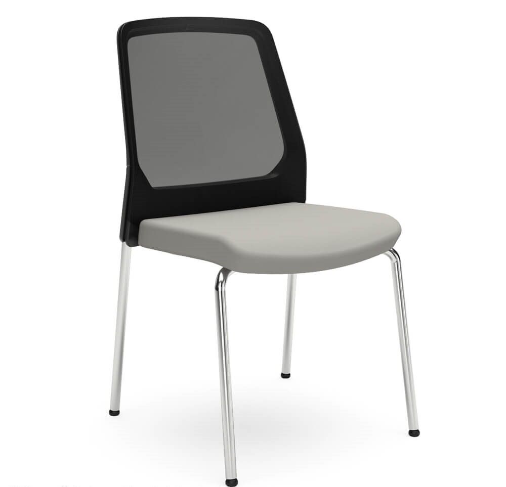 Moderner Bürostuhl mit schwarzer Netzrückenlehne, grauer Sitzfläche und silbernen Metallbeinen.