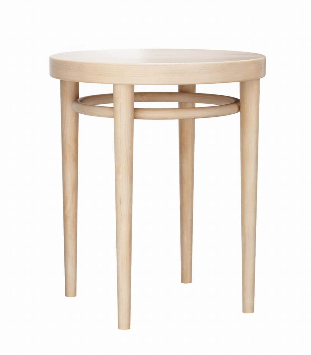 Runder, heller Holzhocker mit vier Beinen und schlichtem Design, ideal für moderne Büros und Wohnräume.
