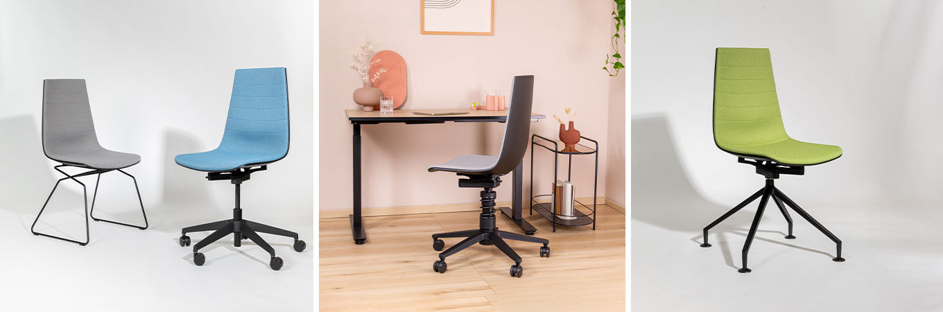 Drei Aeris Linu in Grau, Blau und Grün. Hochwertige Designs für komfortables, dynamisches Sitzen im Büro.