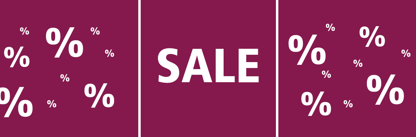 Großer "Sale"-Text in der Mitte, umgeben von Prozentzeichen auf bordeauxfarbenem Hintergrund.