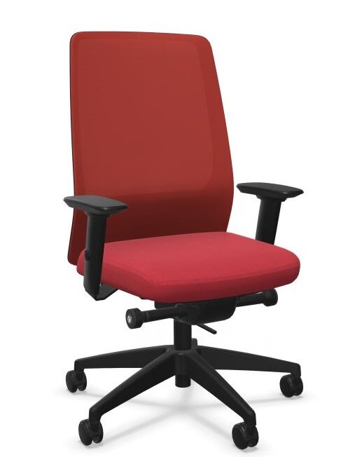 Ergonomischer Bürostuhl in Rot mit höhenverstellbaren Armlehnen und Rollen für dynamisches Sitzen.