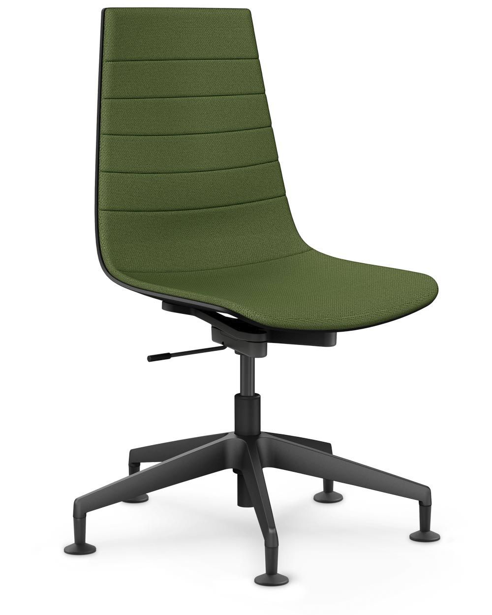 Ergonomischer Stuhl mit grünem Stoffbezug und verstellbarer Höhe auf stabilem schwarzem Sockel.