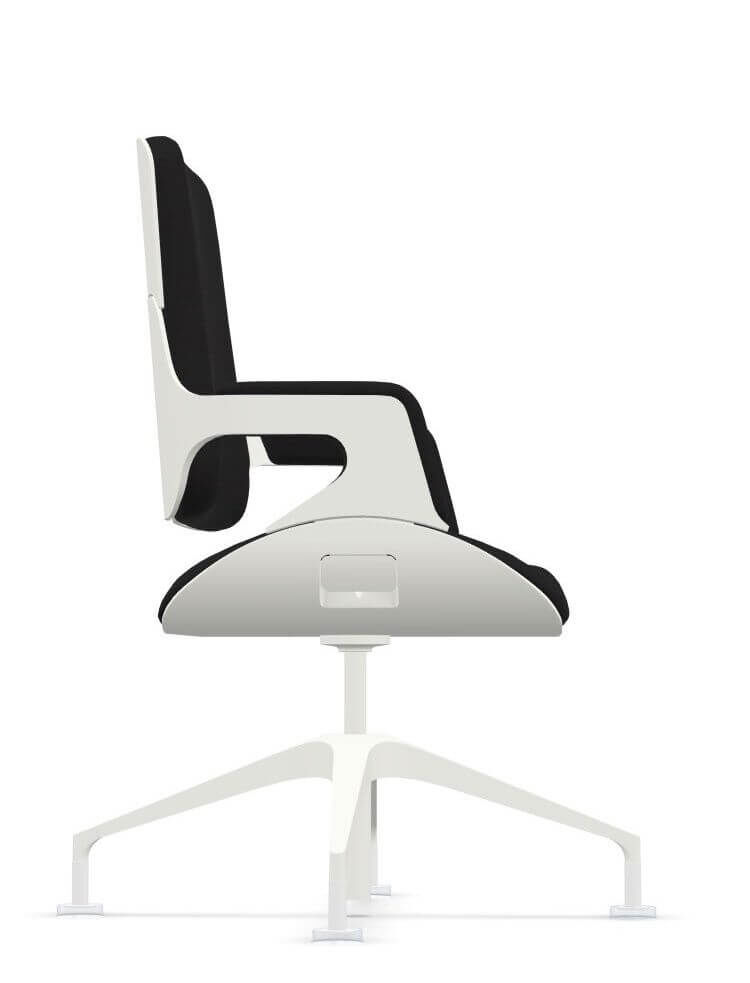 Ergonomischer Bürostuhl im Seitenprofil, weiße Struktur mit schwarz gepolsterter Sitzfläche und Lehne, modernes Design.