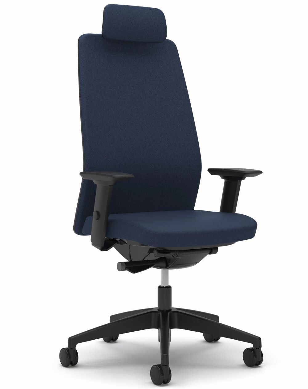 Ergonomischer Bürostuhl in dunkelblau mit verstellbaren Armlehnen und Kopfstütze, ideal für dynamisches Sitzen.