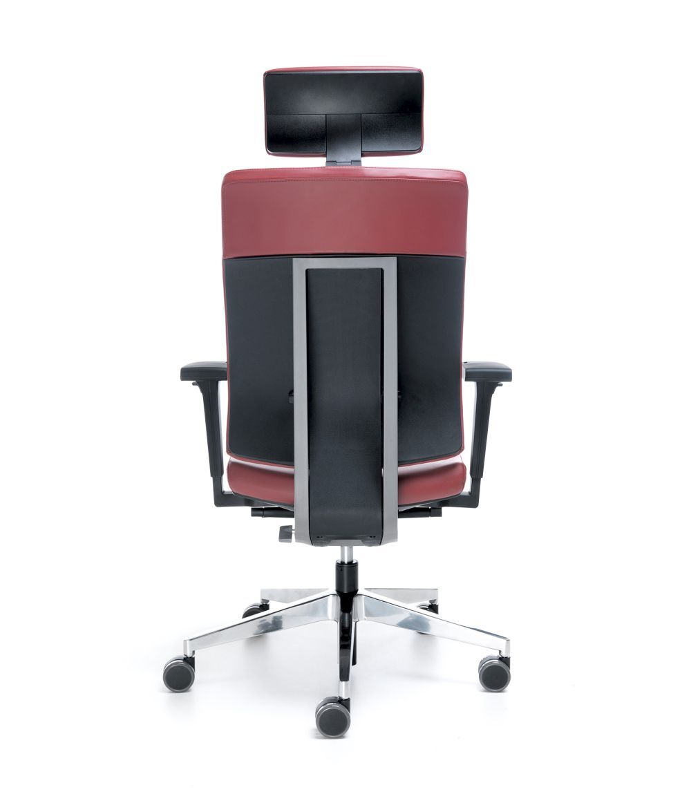 Ergonomischer Bürostuhl, Rückansicht, mit verstellbarer Kopfstütze und robustem Gestell für komfortables, dynamisches Sitzen.