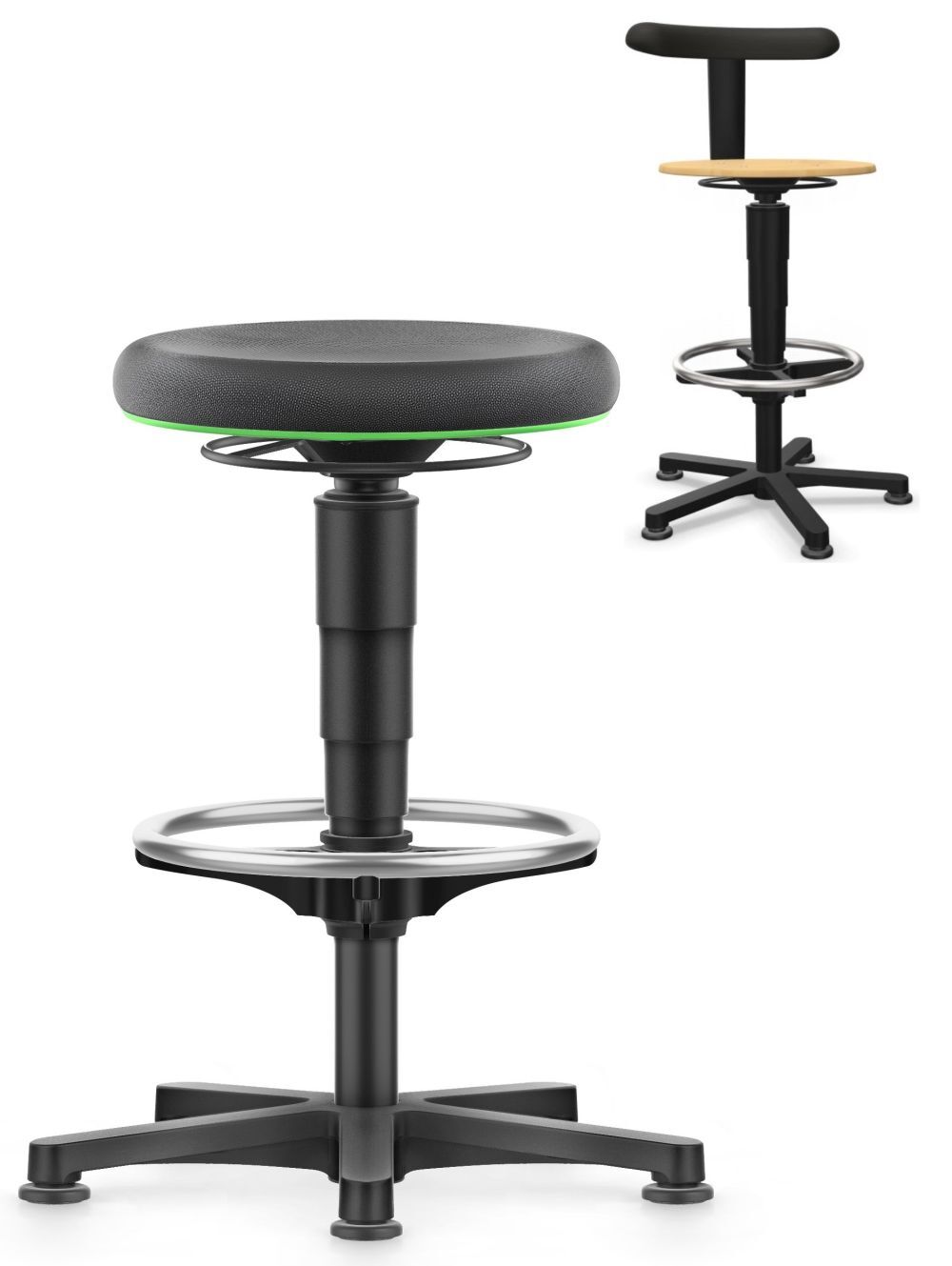 Ergonomischer Hocker mit höhenverstellbarem Sitz und Fußring, ideal für dynamisches Sitzen im Büro.