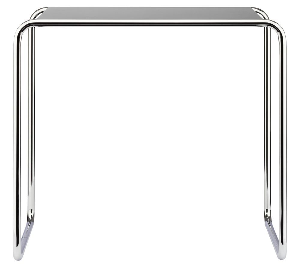 Moderner Beistelltisch mit glänzendem Chromgestell und klarer Glasplatte, ideal für stilvolle Büroeinrichtungen.