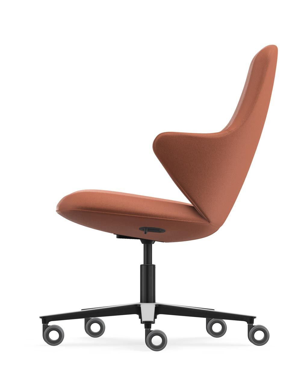 Moderner ergonomischer Bürostuhl in Braun, Seitenansicht auf Rollen für einen gesunden Arbeitsplatz.