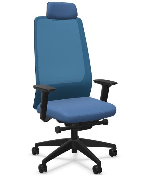 Ergonomischer Bürostuhl mit blauer Polsterung, verstellbarer Rückenlehne und Armlehnen, ideal für dynamisches Sitzen.