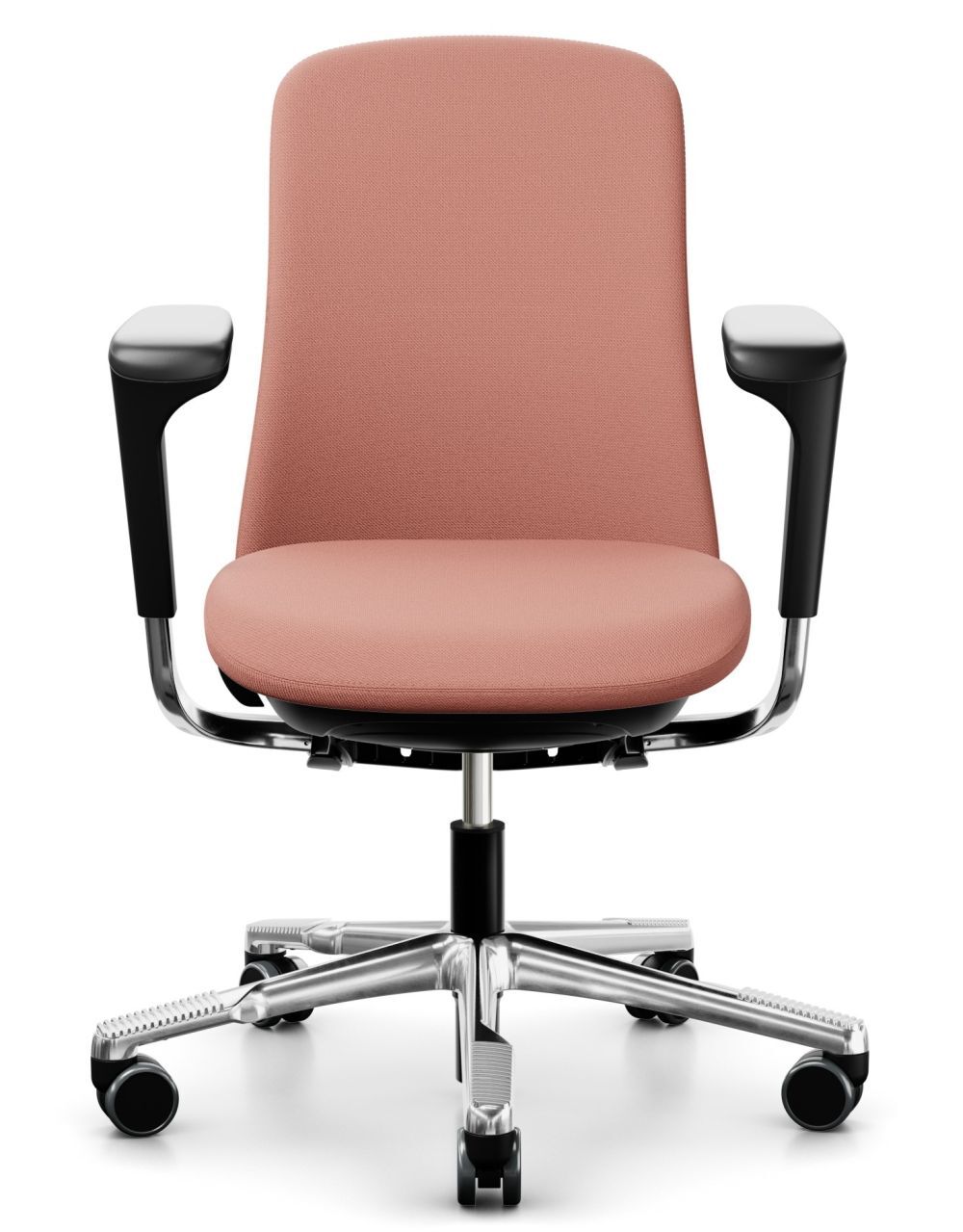 Ergonomischer Bürostuhl in Rosa mit verstellbaren Armlehnen und fünf Rollen für dynamisches Sitzen.