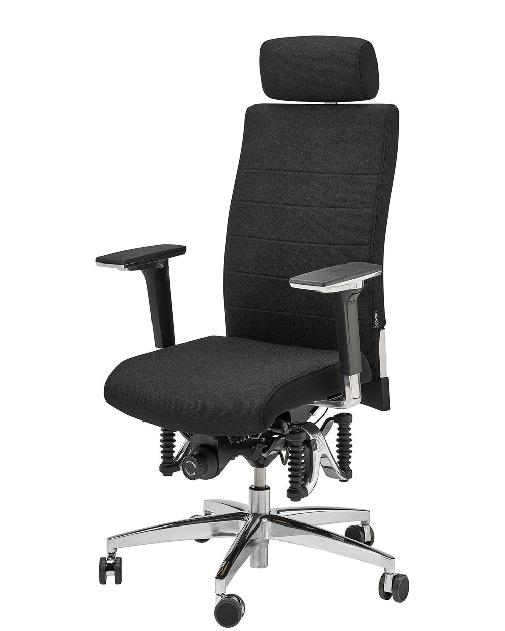 Schwarzer ergonomischer Bürostuhl mit Kopfstütze und verstellbaren Armlehnen, auf Rollen mit metallener Basis.