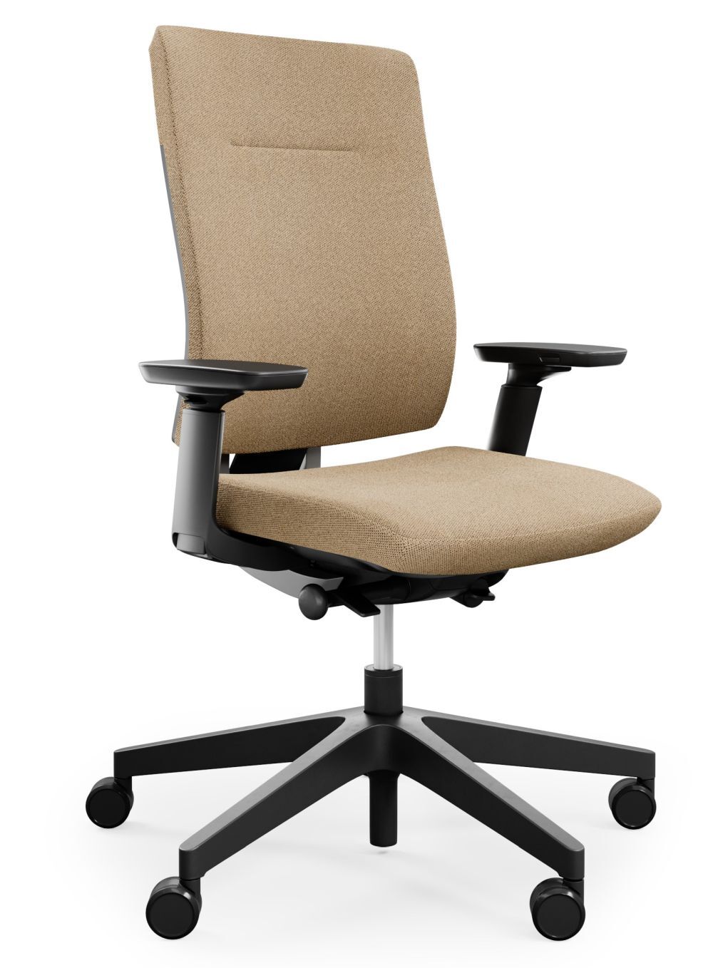Ergonomischer Bürostuhl in Beige mit höhenverstellbaren Armlehnen und Rollen für dynamisches Sitzen.