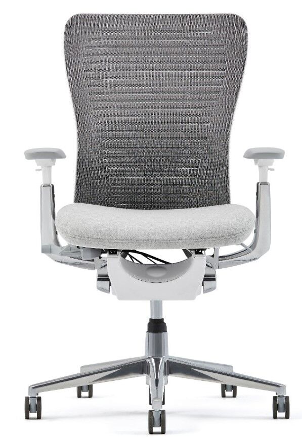 Ergonomischer Bürostuhl mit grauem Sitzpolster, Netzrückenlehne und verstellbaren Armlehnen, auf Rollen für dynamisches Sitzen.