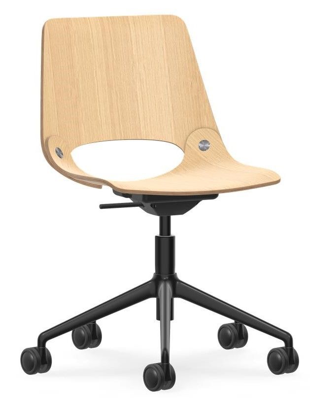 Moderner ergonomischer Bürostuhl mit Holzsitzschale und schwarzem Gestell auf fünf Rollen.