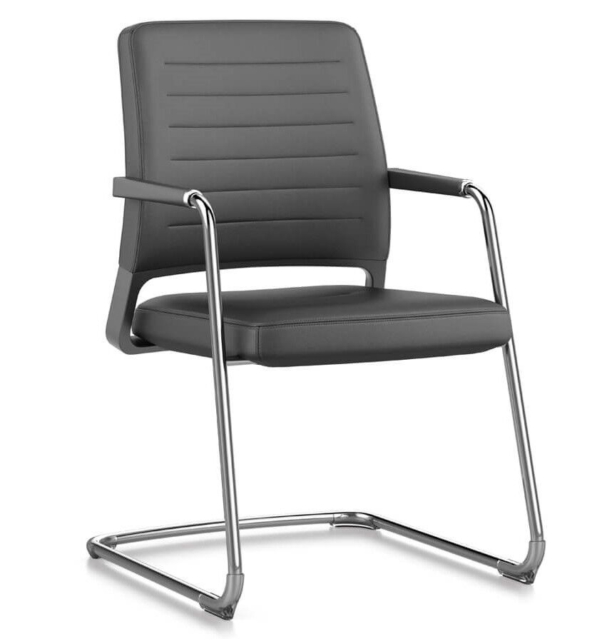 Moderner ergonomischer Bürobesucherstuhl mit schwarzem Kunstleder und verchromtem Gestell für gesundes Sitzen.