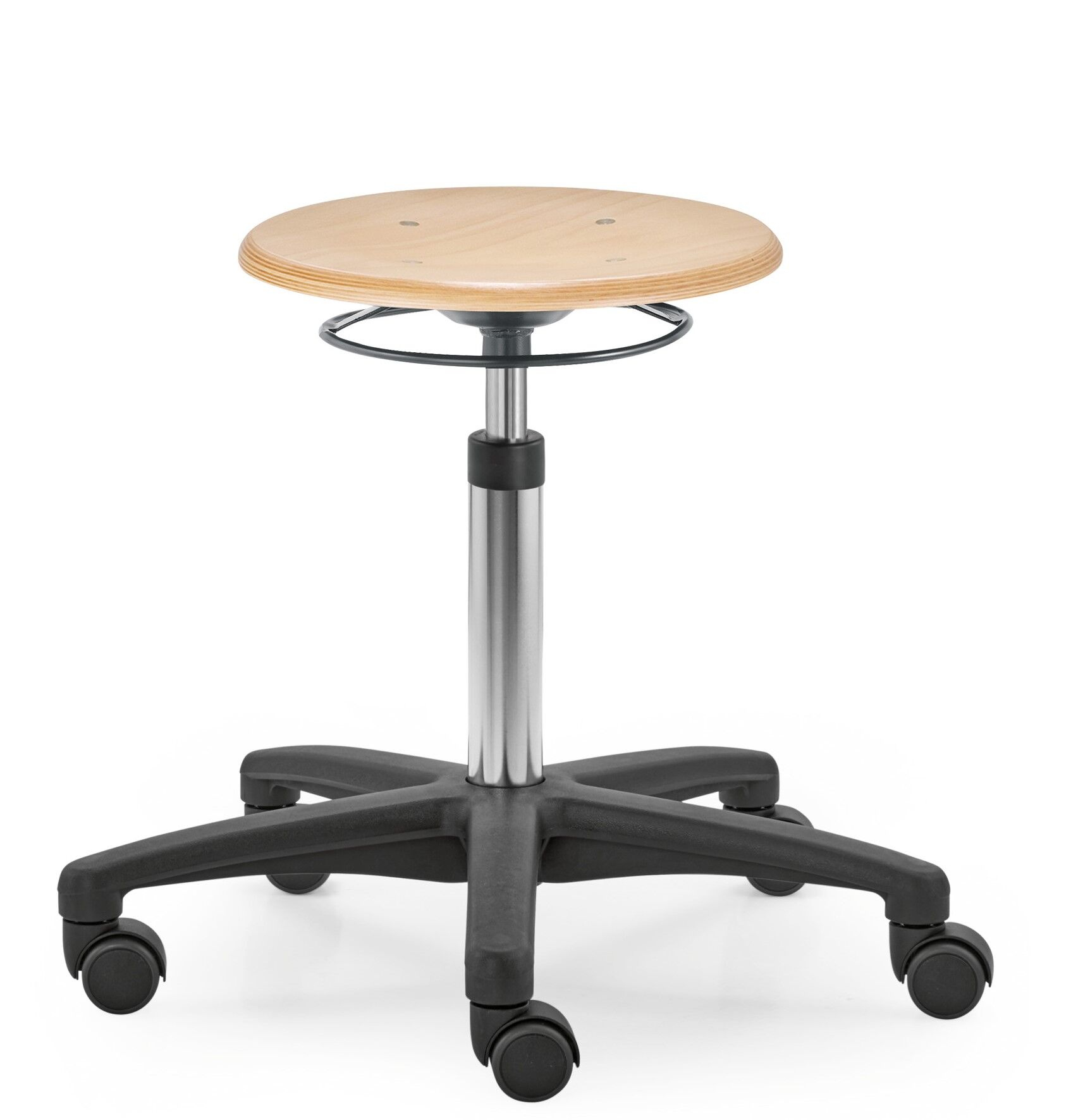 Moderner ergonomischer Hocker mit Holzsitz und verstellbarer Höhe, ideal für dynamisches Sitzen im Büro.