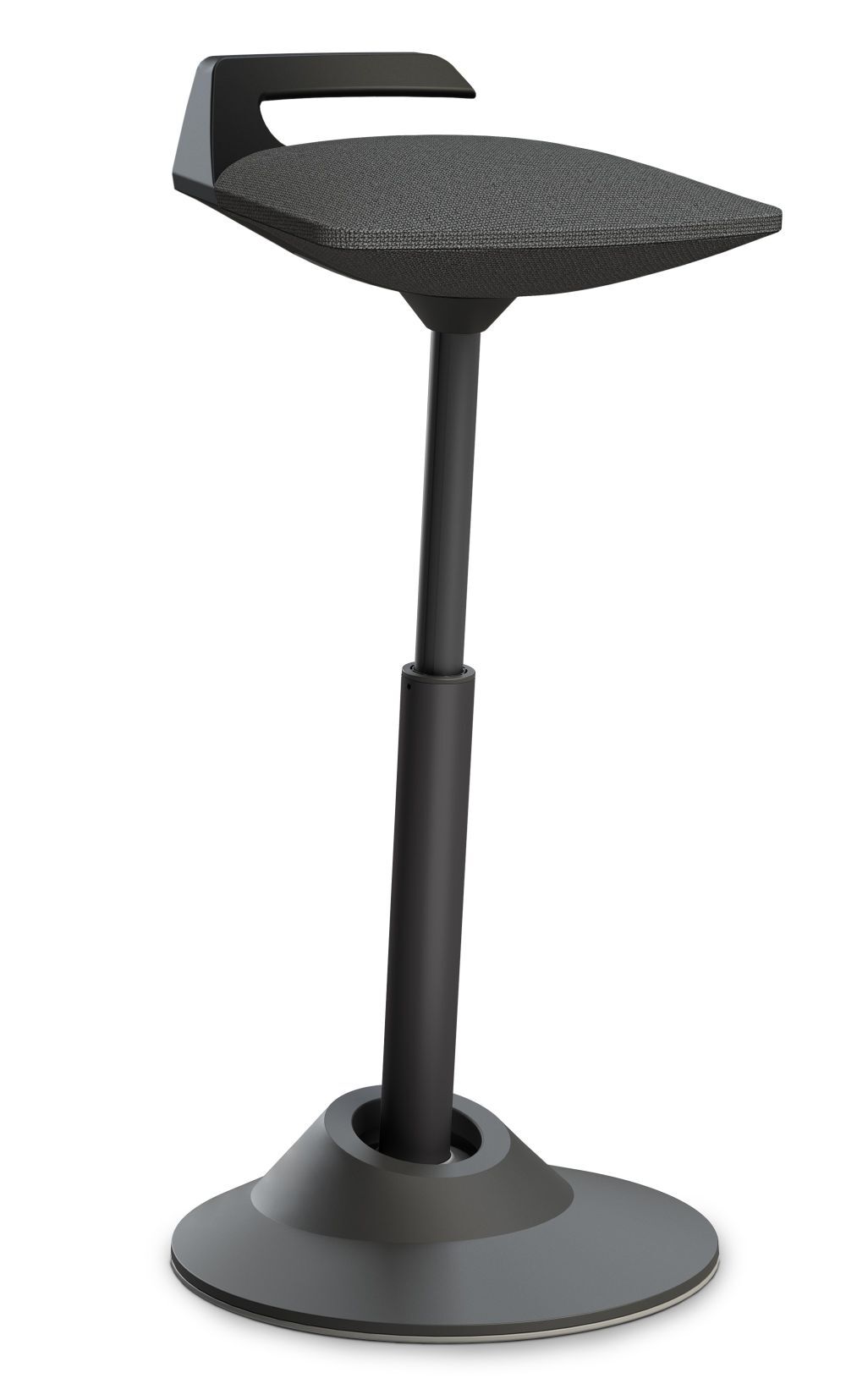 Ergonomischer, höhenverstellbarer Bürostuhl mit abgerundeter Basis und gepolstertem Sitz, fördert dynamisches Sitzen.