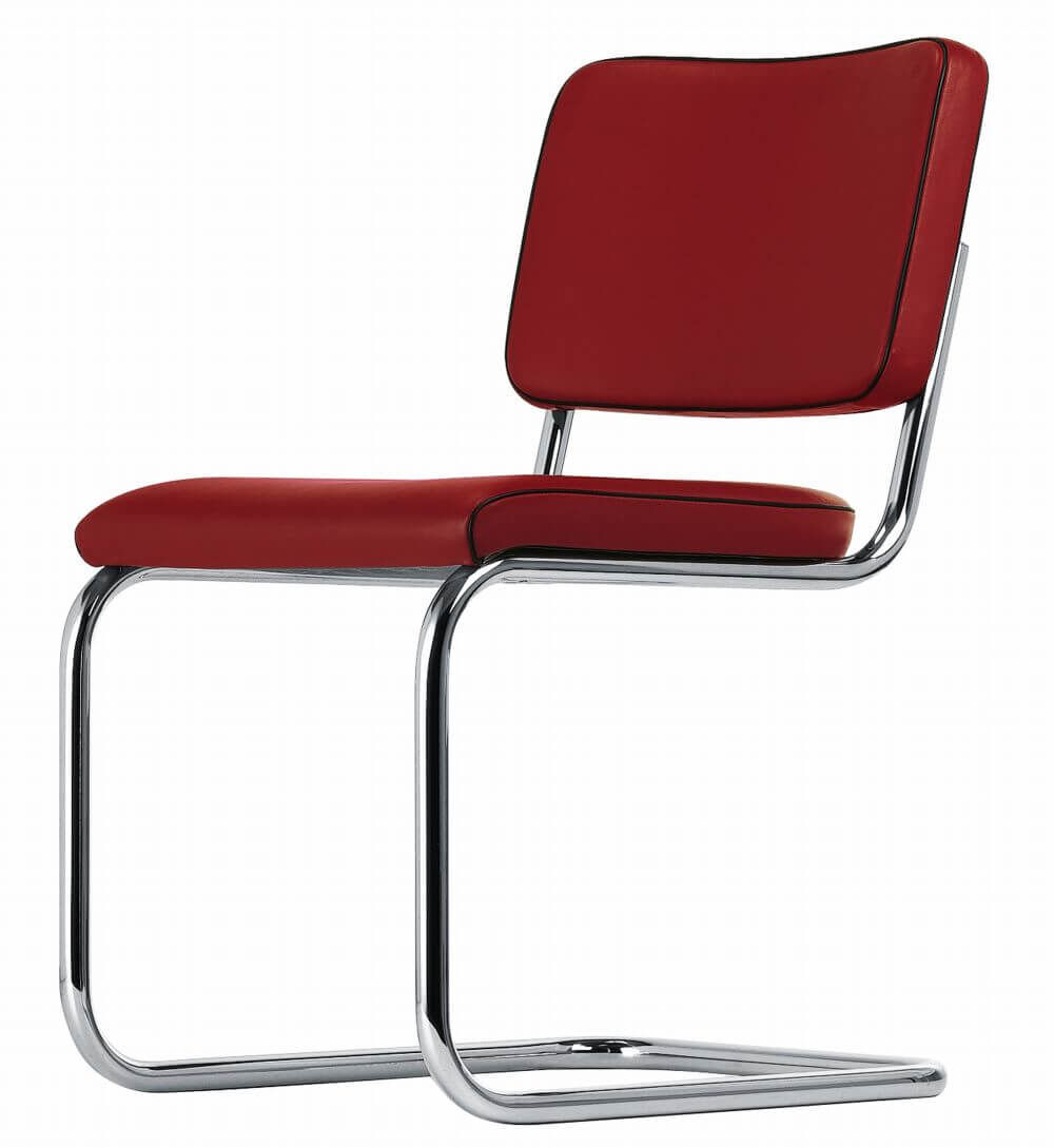 Roter Freischwingerstuhl mit verchromtem Gestell, ideal für ergonomisches, dynamisches Sitzen im Büro.