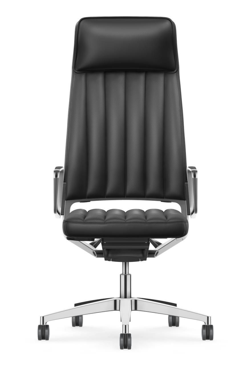 Ergonomischer Bürostuhl mit hohem Rücken, schwarzem Lederbezug und verchromtem Fußkreuz auf Rollen.