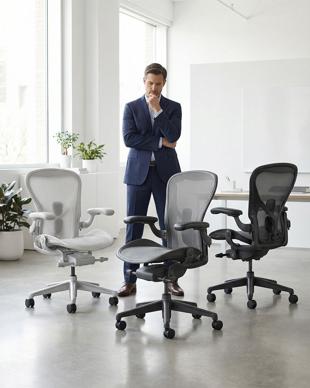 Mann in Anzug betrachtet drei ergonomische Bürostühle in einem modernen, hellen Büro.