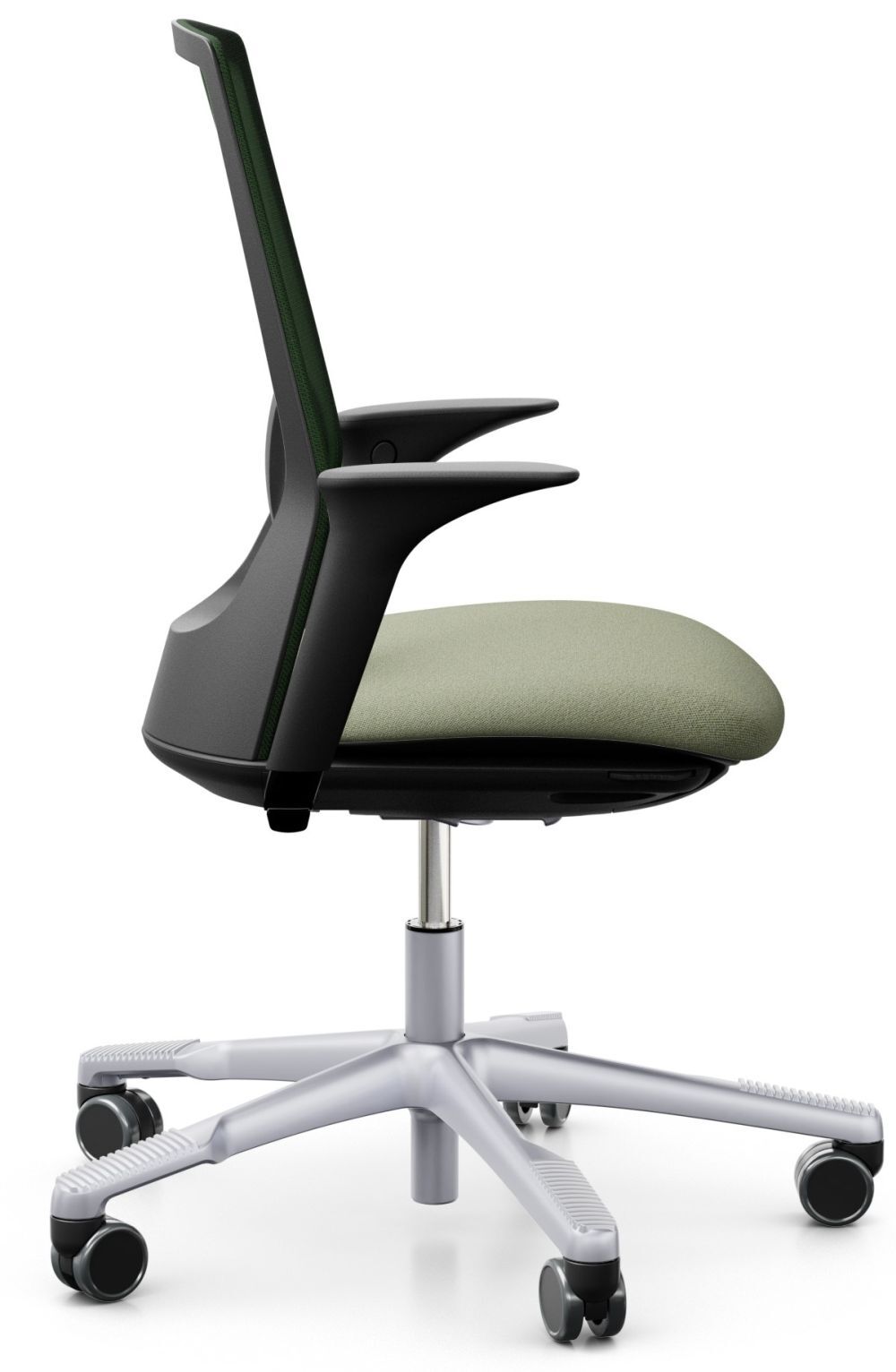 Ergonomischer Bürostuhl mit grünem Sitzpolster, schwarzer Rückenlehne und Rollen, Seitenansicht.