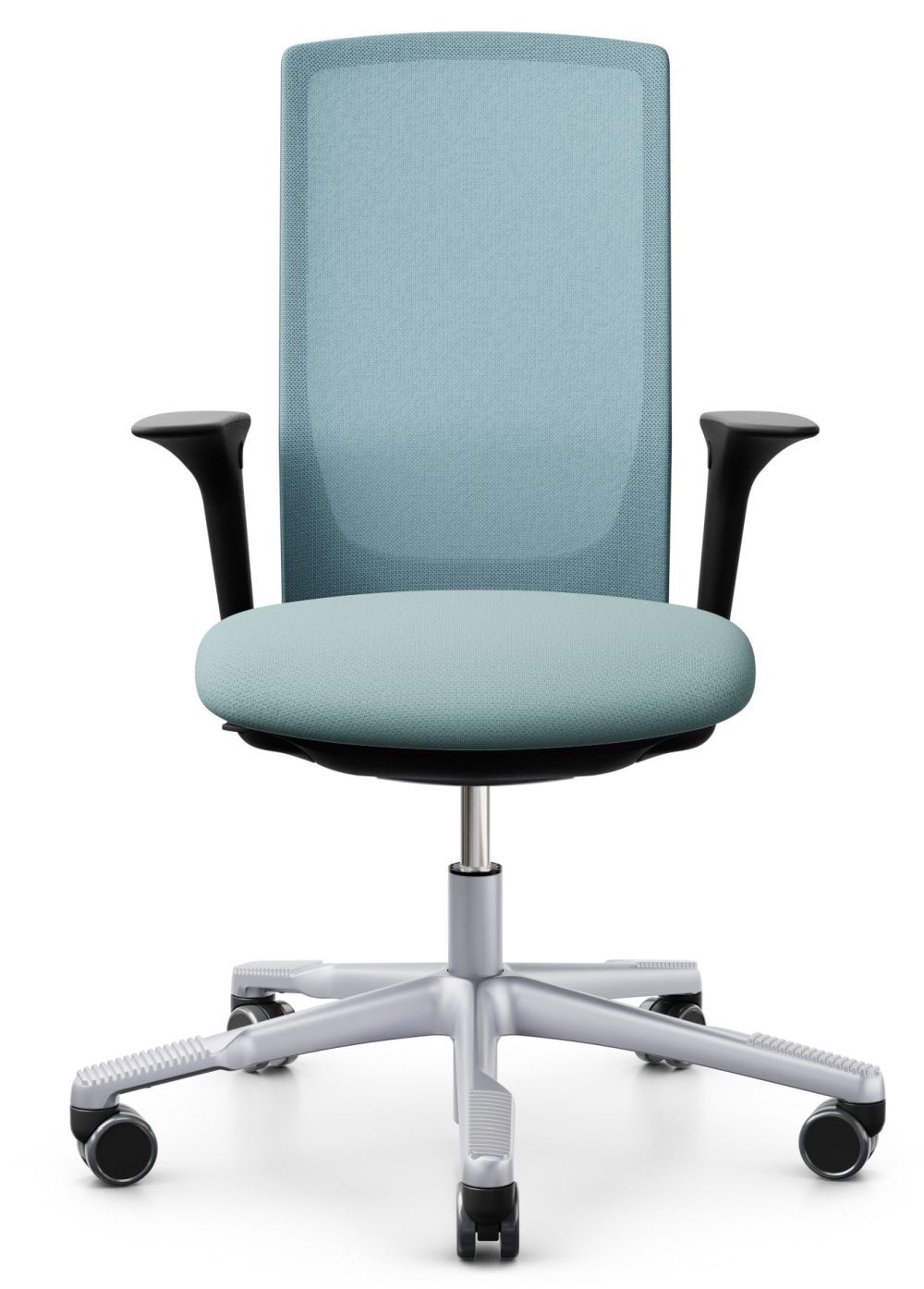 Ergonomischer Bürostuhl in Türkis mit hoher Rückenlehne und schwarzen Armlehnen auf Rollen.