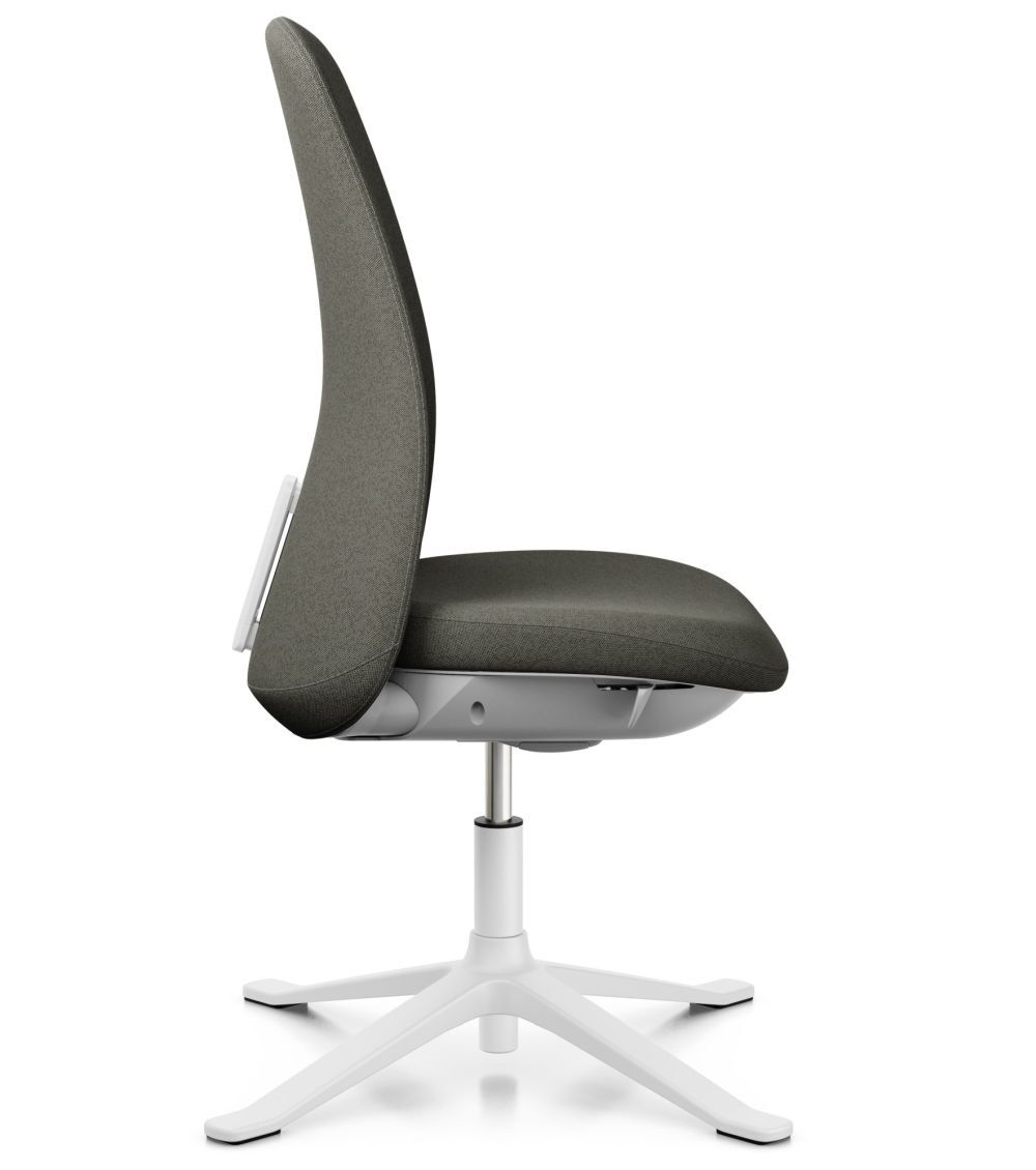 Ergonomischer Bürostuhl mit dunkelgrauem Polster, weißem Drehfuß und hoher Rückenlehne, ideal für gesundes Arbeiten.