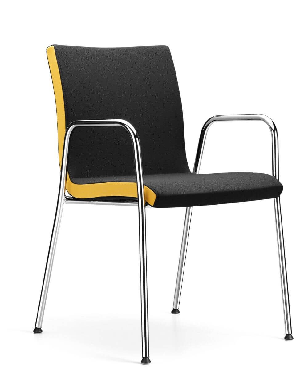 Schwarzer ergonomischer Stuhl mit gelbem Akzent und verchromten Beinen, ideal für gesundes, dynamisches Sitzen.