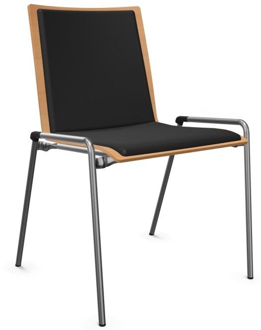 Moderner ergonomischer Stuhl mit schwarzer Polsterung und Holzrahmen auf Metallbeinen, ideal für Büros.