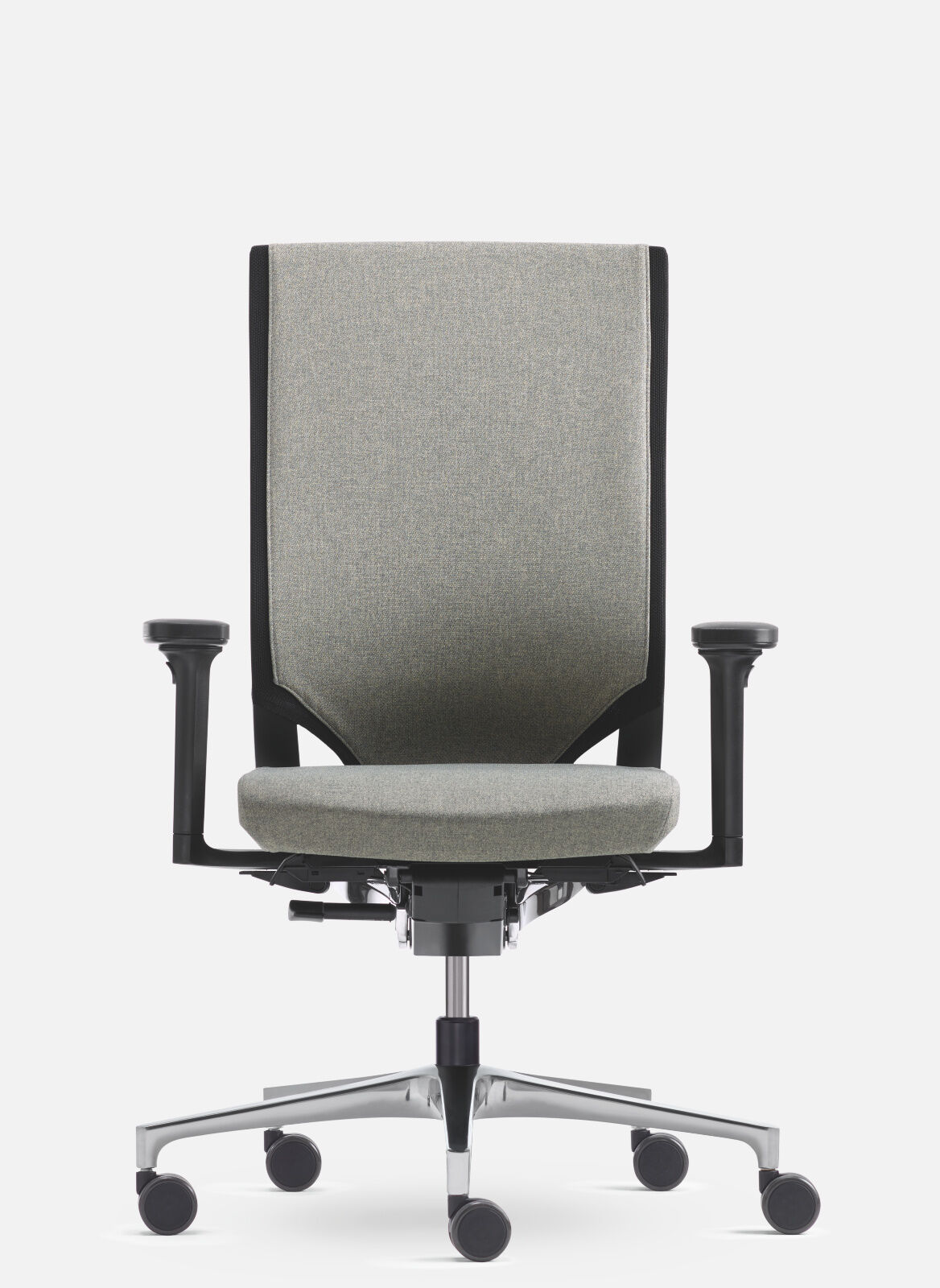 Ergonomischer Bürostuhl mit gepolstertem Sitz, verstellbaren Armlehnen und Rollen, ideal für gesundes Sitzen im Büro.