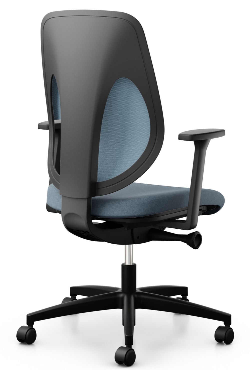 Ergonomischer Bürostuhl mit blauer Polsterung und schwarz-grauer Rückenlehne, fünf Rollen und Armlehnen.